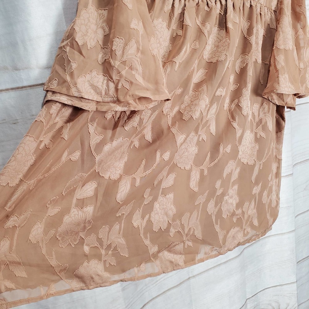 Floral Blouse Womens Size XL Tan Boxy Layered Babydoll Burnout Bell Sleeve - Picture 5 of 10
